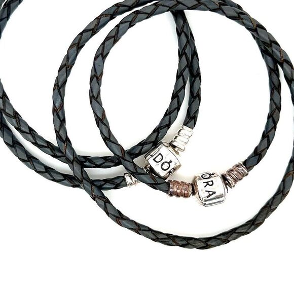 2 Pandora Gray Leather Cord Bracelets - Picture 2 of 3